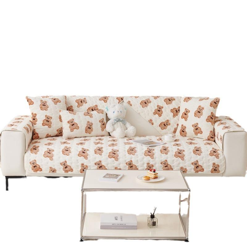 Autumn And Winter Bear Short Plush Sofa Cushion Cute Seat Cushion Milk Plush Non-Slip Full Cover Universal Simple Nordic Cartoon In