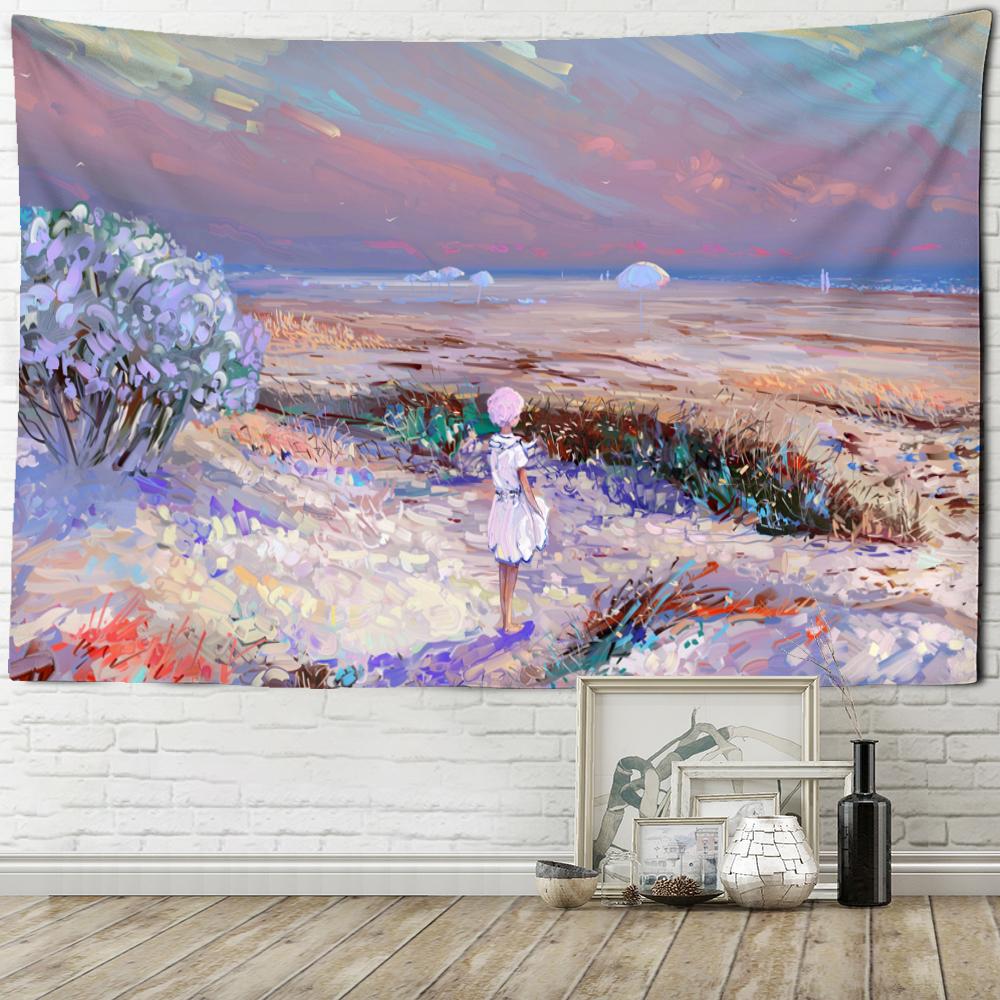 Ilustracja postaci dziewczyny gobelin ścienny wiszący boho hipis tapiz sztuka kawaii estetyczny pokój tło wystrój