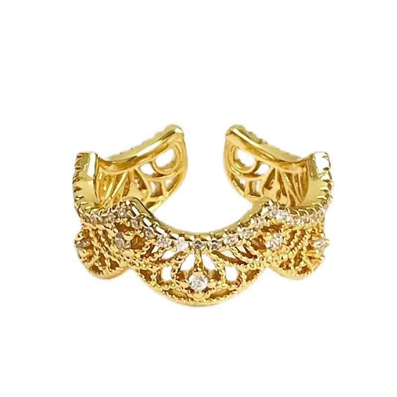 Gold Medieval Lace Slightly Inlaid Ancient Hollow Opening Ring Retro Niche Unique Light Luxury Temperament Female Index Finger Ring