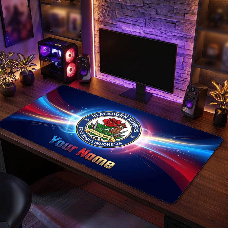 Blackburn Rovers FC Custom Large Mouse Pad, Personalized Name Text Print, Football Logo Non‑Slip Desk Mat Gaming Gift
