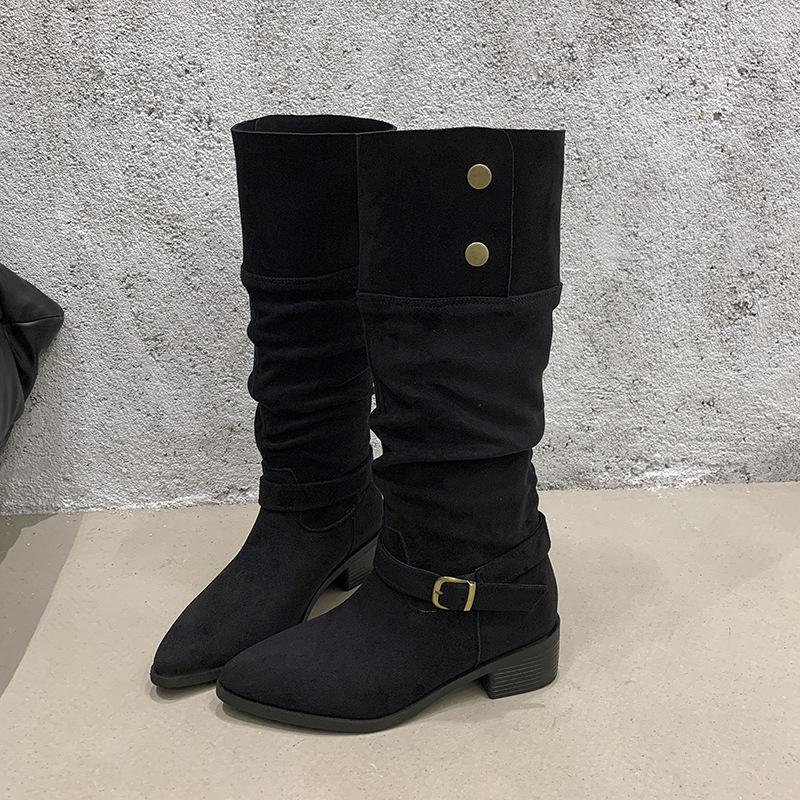 2025 autumn and winter new comfortable versatile stacking boots small long boots pleated belt buckle suede boots