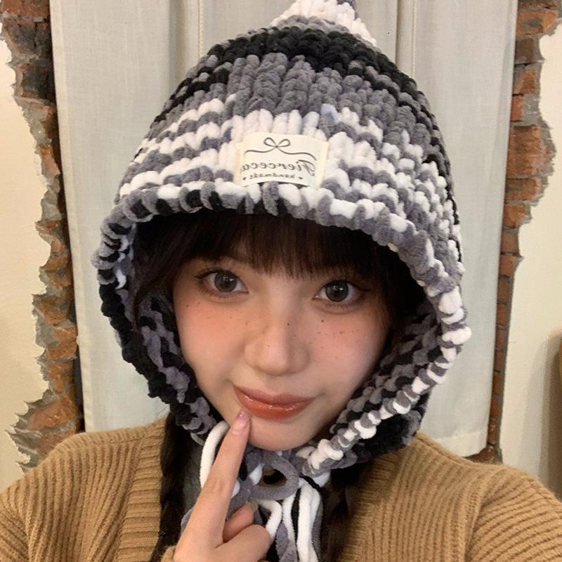 Baotou Hut für Damen im Herbst und Winter Großer Kopfumfang Vielseitige Gestrickte Wollmütze Warm und Gesichtsfreundlich Kleine Mütze Trendig