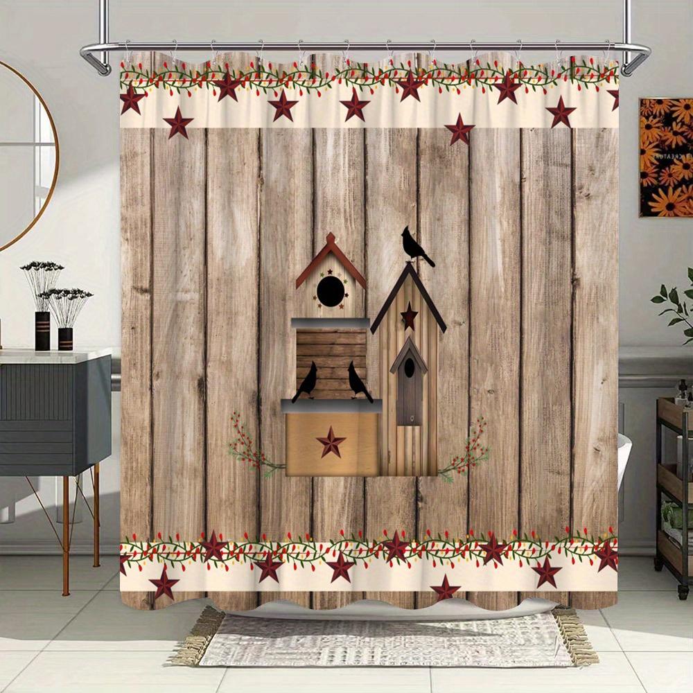 Rustic Birdhouse Shower Curtain - Country-Style Red Stars & Green Vines, Includes 12 Hooks