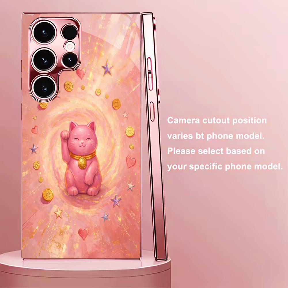 Pink Money Cat PhoneCase for Samsung Galaxy S26 S25 S24 S23 S22 FE Ultra Plus Built-in glass feel bare machine Women's style