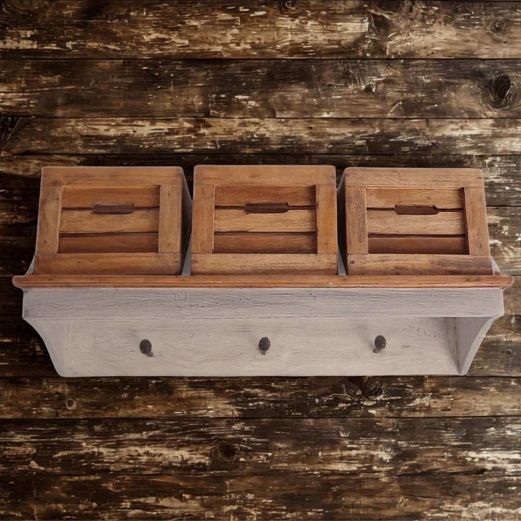 Vintage style wall shelf with wooden baskets