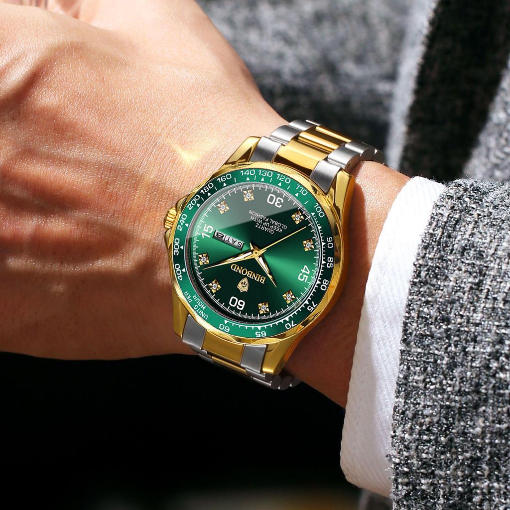 Binbang Men's Green Submariner Quartz Watch, Double Calendar, Steel Band, Business Waterproof.