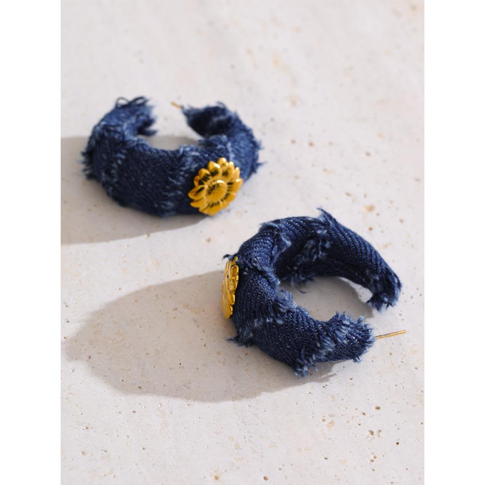 Eetit Creative Blue Denim Flower C Shape Hoop Earrings Women Stainless Steel Popular Jewelry Autumn & Winter New 2025 Wholesale