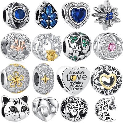 925 Sterling Silver Charms Love Heart Tree Cat Moon Lucky Clover Beads Fit Authentic Charm Bracelet DIY Jewelry