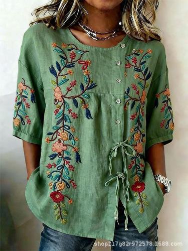 European and American summer new women's tops, shirts, geometric printing buttons, drawstrings, half-sleeved tops, T-shirts, women's clothing