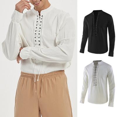 Camisa masculina primavera outono com cadarço gola alta manga comprida cor sólida solta retrô