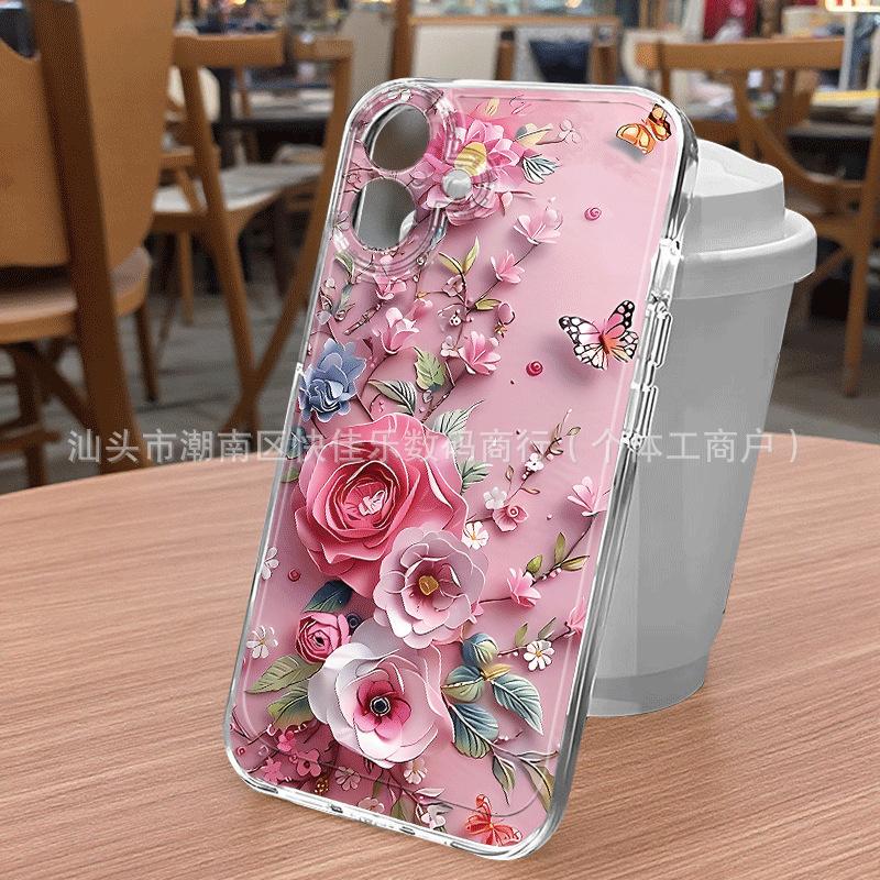 Pink Tulip Transparent iPhone15/14Promax Mobile Phone Case 11/12/13 All-inclusive Anti-drop 16/17PM