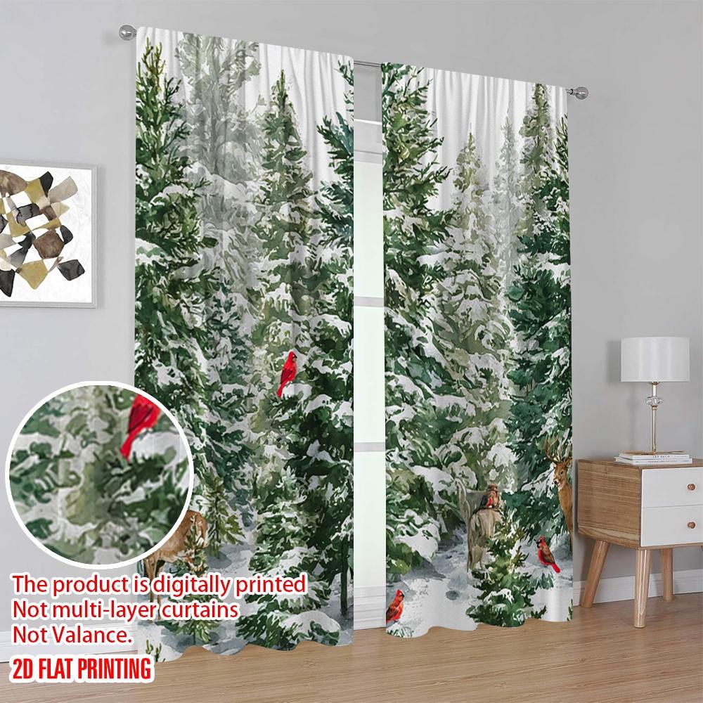 2pcs,2D Plane Printing Pattern Curtains Christmas Pine Tree Snowflake Versatile Durable Polyester (without Rod) Home Decor Use