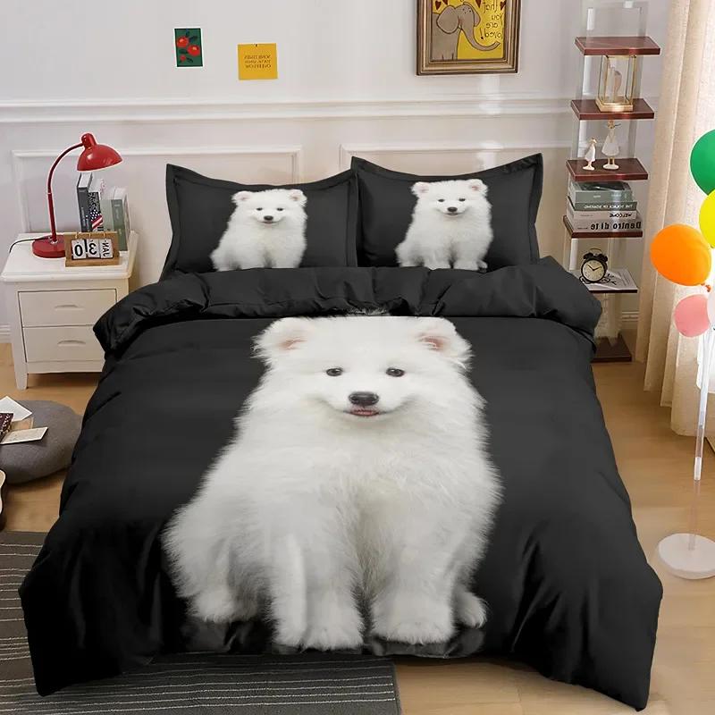 Samojedhund Påslakan King Queen Size Härligt Leende Husdjur Valp Sängkläder Set Vuxna Kvinnor Söt Vit Djur Polyester Täcke