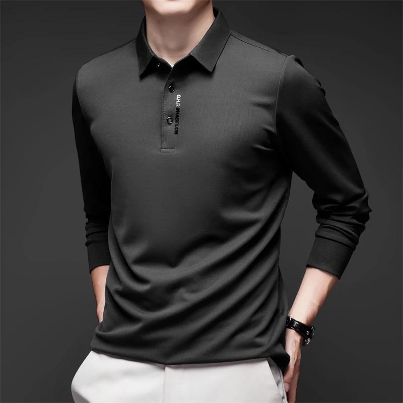 Camisa nueva de manga larga para hombre de negocios casual con insignia, polo de color sólido, moderna, transpirable, cómoda, versátil