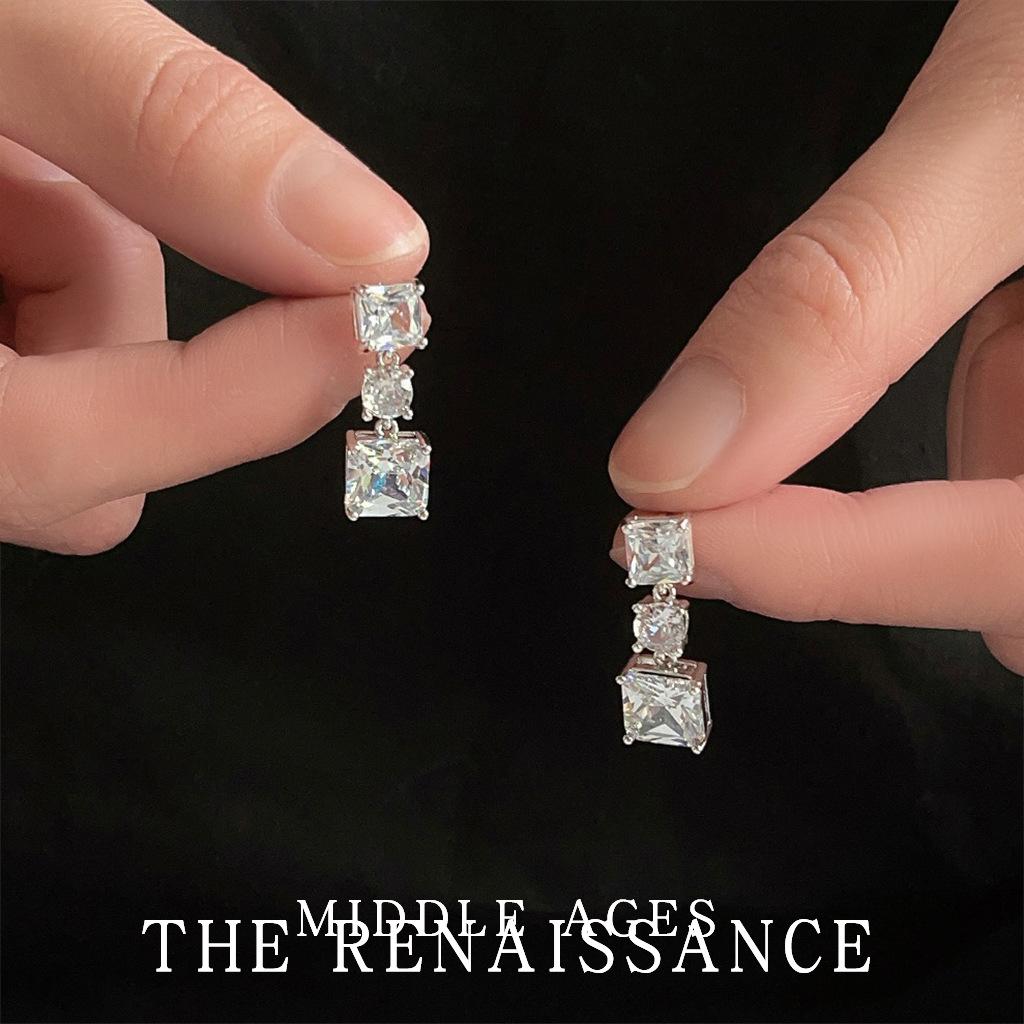Medieval square zircon light luxury stud earrings niche simple earrings temperament versatile earrings