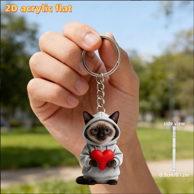 Cute 2D Siamese Cat Keychain Acrylic Kitten Backpack Car Interior Decorations Ornaments Gift for Women Lady Party Car Key Decor