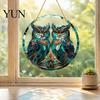Home Window Decor Double Owl Suncatcher Hanging Ornament, Stained Glass Style Circular Wall Elegant Bird Decor, Green Art for Porch Garden Decoration