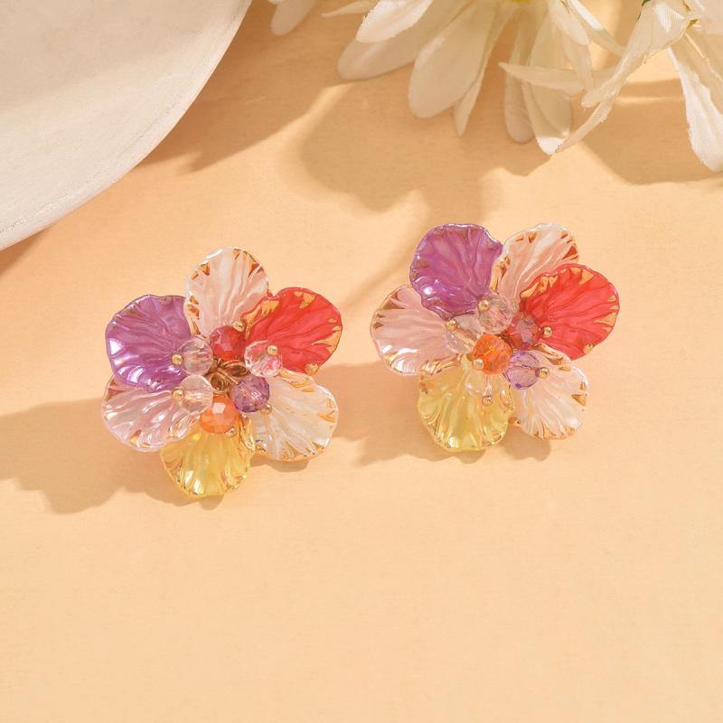 Elegant Black Flower Stud Earrings for Women Vintage Colorful Crystal Acrylic Petal Earrings Wedding Party Jewelry Accessories
