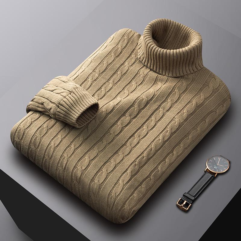 Men's Luxury All-Cotton Knitted Pullover - Thick, Solid Color, Velvet-Lined Cable Knit for Autumn and Winter