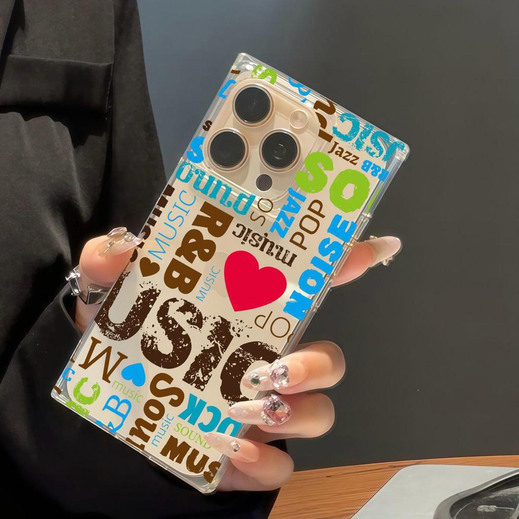 Clear Square Back Tube Case Protection For iPhone 11 14 Pro Max 16 ProMax 15 Plus 13 12 Anti-Oxygen,Red Heart English Pattern Casing