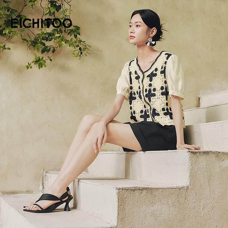 Aijutu Women's Ethnic Crochet V-neck Short Sleeve Shirt