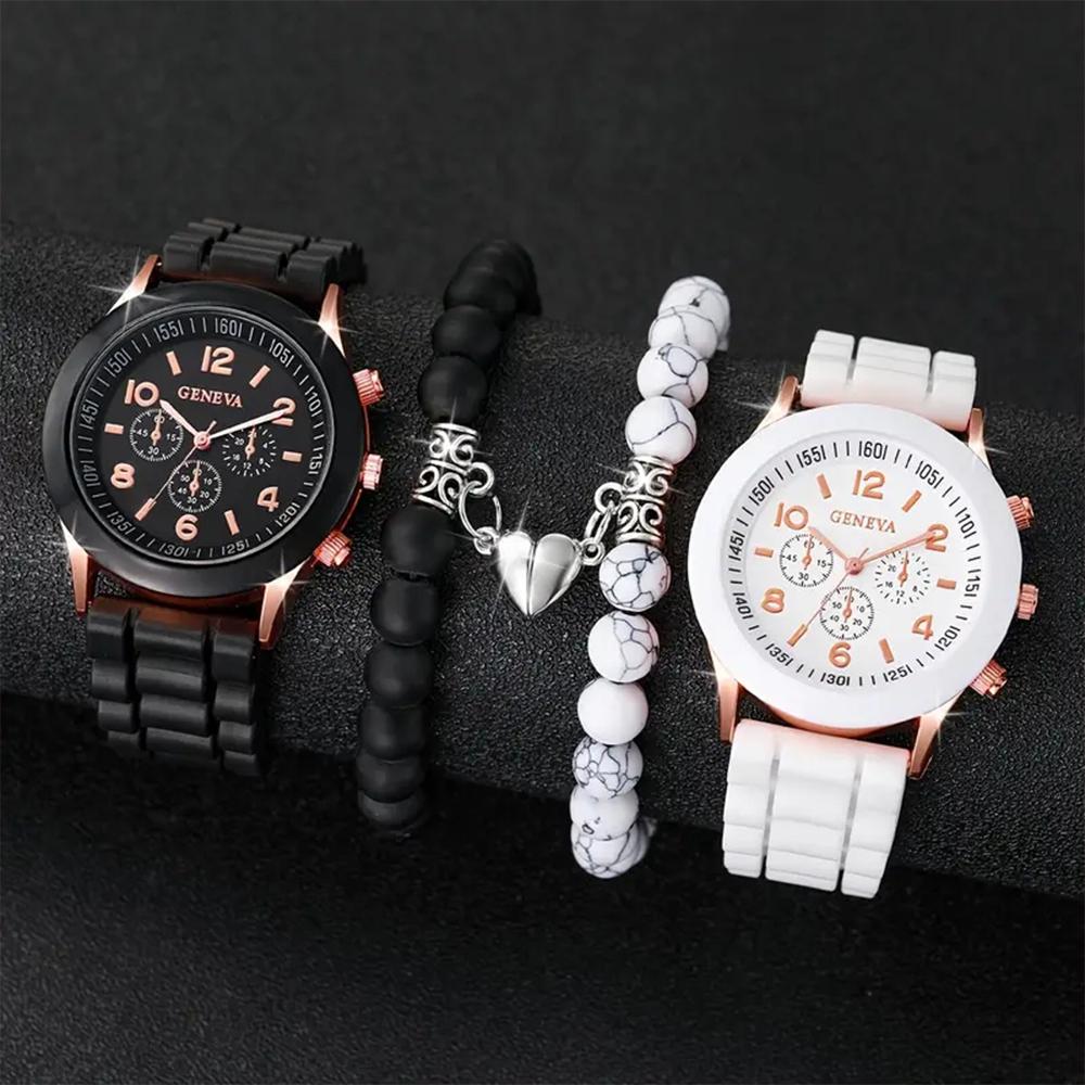 

Geneva silicone watch White pine black matte beaded love magnet couple bracelet set різнокольоровий