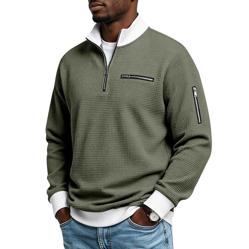 Men's Waffle Textured Half Zip Sweatshirt Stand Collar Long Sleeve Casual Pullover