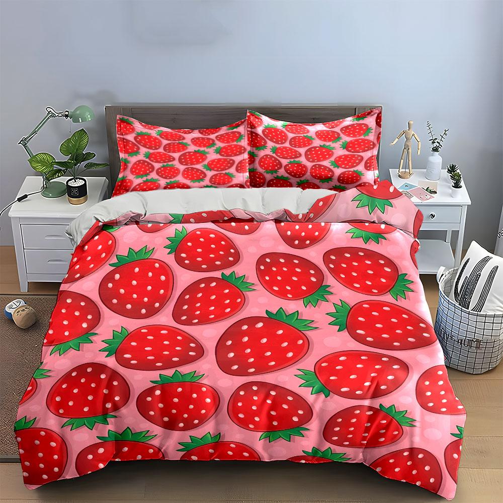 Strawberry Pattern Pink Background Bedding Duvet Cover Set (1*Duvet Cover 2*Pillowcases, without duvet insert)