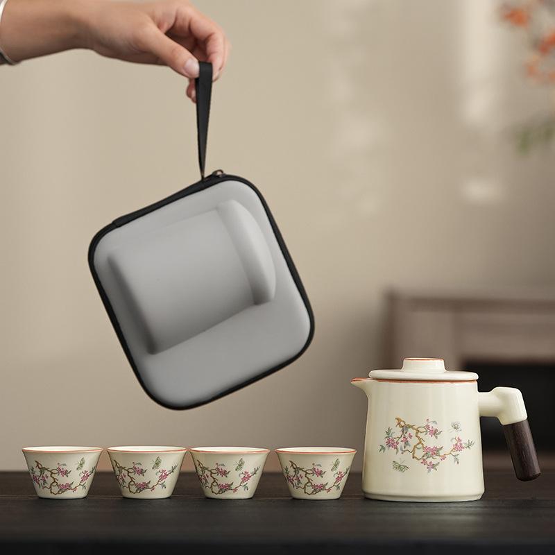 Retro Ru Kiln Travel Kung Fu Tea Set Wisteria Flower Set Outdoor Camping Tea Pot