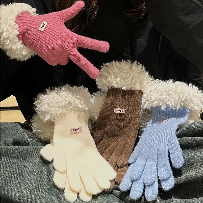 Gants tricotés à écran tactile tendance pour femmes, gants d'hiver chauds à bords en peluche, mitaines de cyclisme de sport coupe-vent, gants en peluche épais et doux au poignet