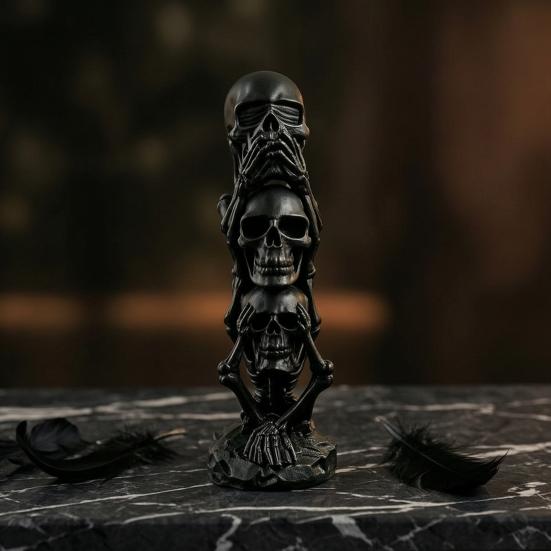 Small Desk Ornament for Men Triple Stacked Skulls Figurine, Spooky See Hear Speak No Evil Skeleton Head Skull Figurine Decor Statue, 3D Printed Gothic