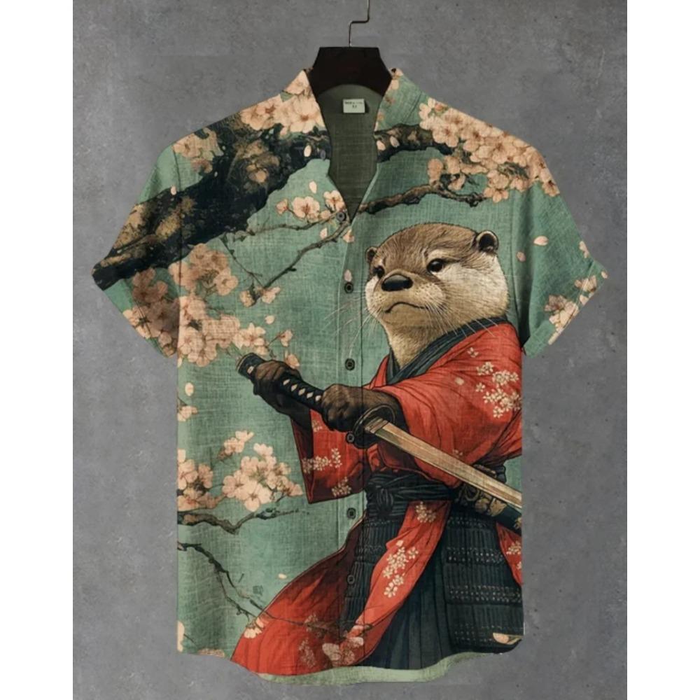 Men's Samurai Hawaiian Shirt Casual Short Sleeve Top Loose Clothing Fashion Retro Summer Shirt