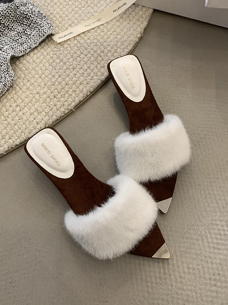 SUOJIA Fur Autumn New Women's Summer Beach Open Toe Slip On Slides Ladies Elegant Thin High Heel Dress Pumps Slides