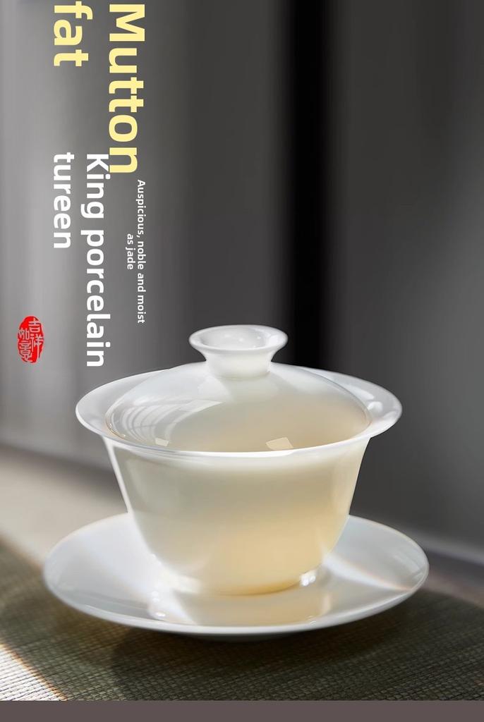 Suet jadecover bowl three talentsare not hot, hover white porcelain tea bowl householdhigh-end tea cup kung fu tea set tea maker