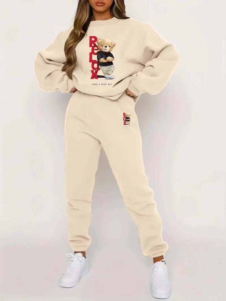Versatile Cartoon Bear 3D Printing Two-Piece Set Long-Sleeved Sweater Trousers Casual Loose Sweater Set