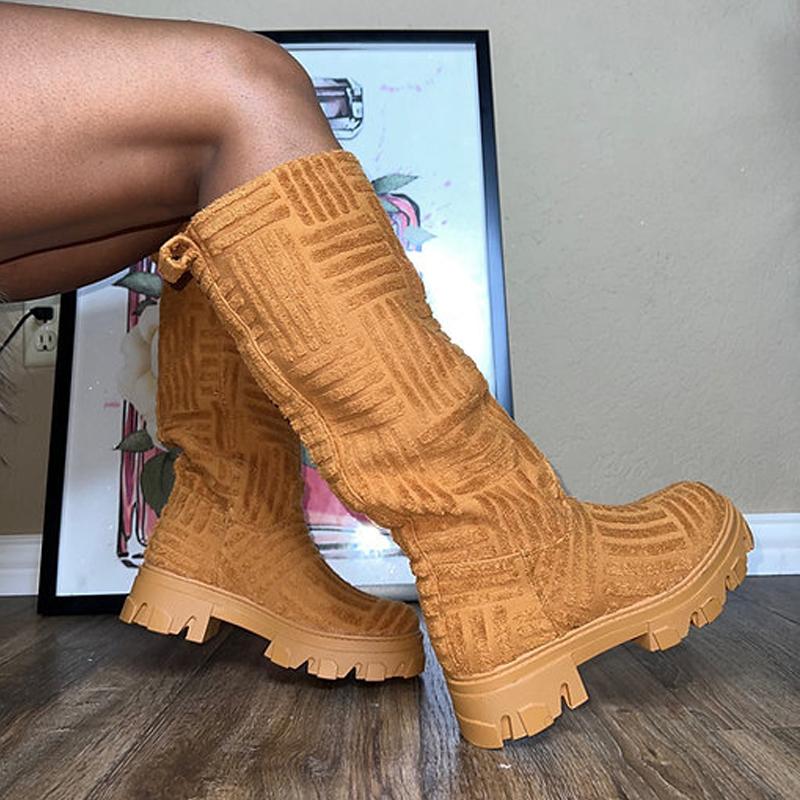 Schicke Damen Langstiefel Markendesign Frottee Kniehohe Stiefeletten Damen Dicke Sohle Rosa Grün Botas Ton in Ton