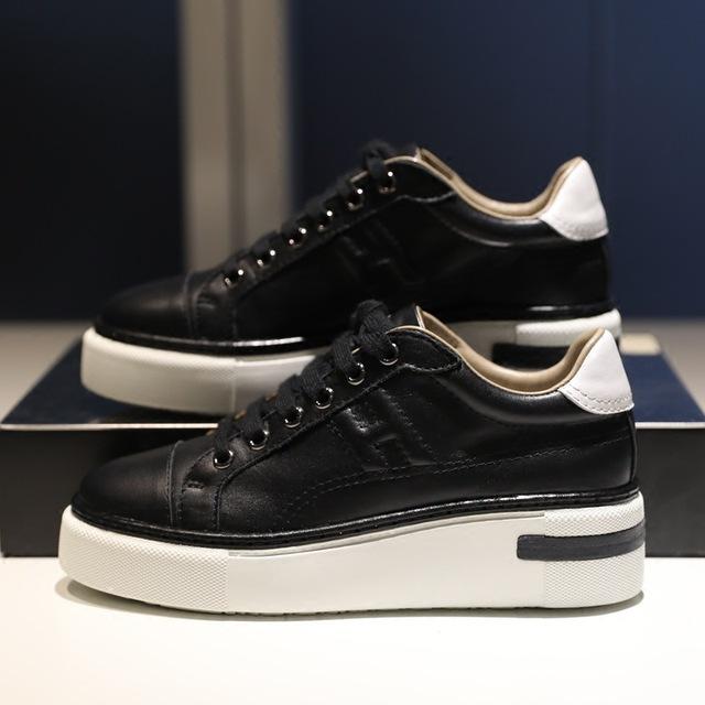 Women Flat Platform Sneakers Real Leather Color Matching White Shoes Casual Embroidery Increased Lace Up Comfort Students Shoes
