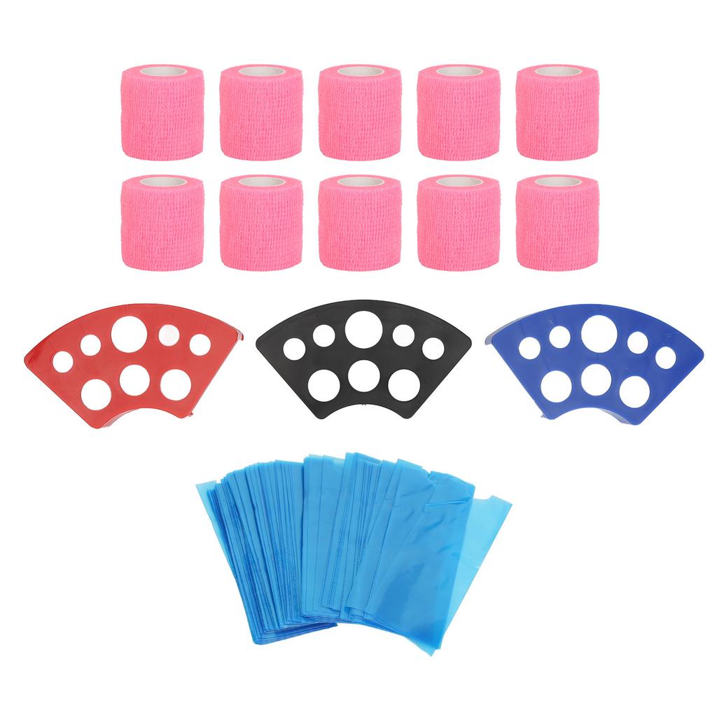 200 ks Modré kryty na tetovací strojek, 10 ks gripových pásek, 3 ks stojánků na kelímky s inkoustem, elastické