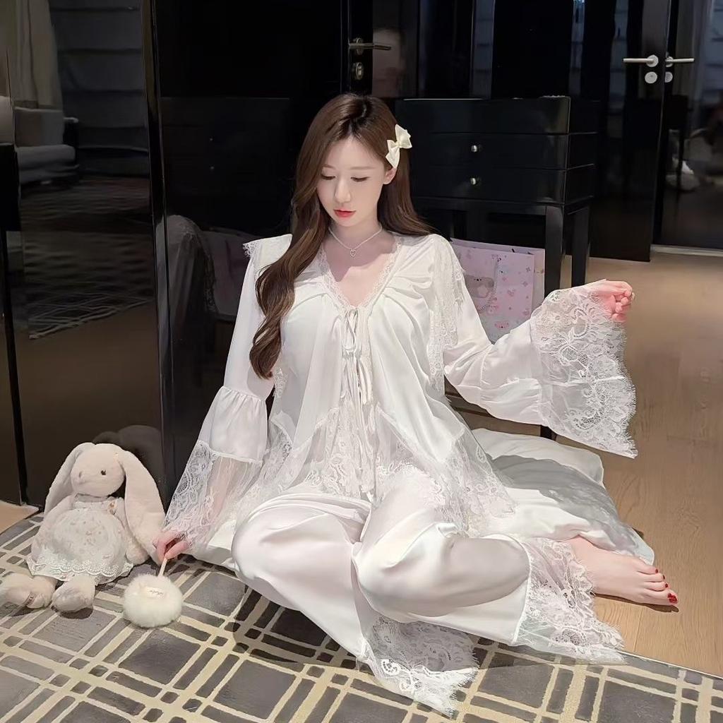 Court French Style Lace Pajamas Women's Long-sleeved Trousers Flared Sleeves Ice Silk Fairy Spring Satin Loungewear Set