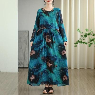 Long Sleeve Plus Size Cotton Vintage Floral New In Dresses for Women Casual Loose Spring Summer Autumn Dress