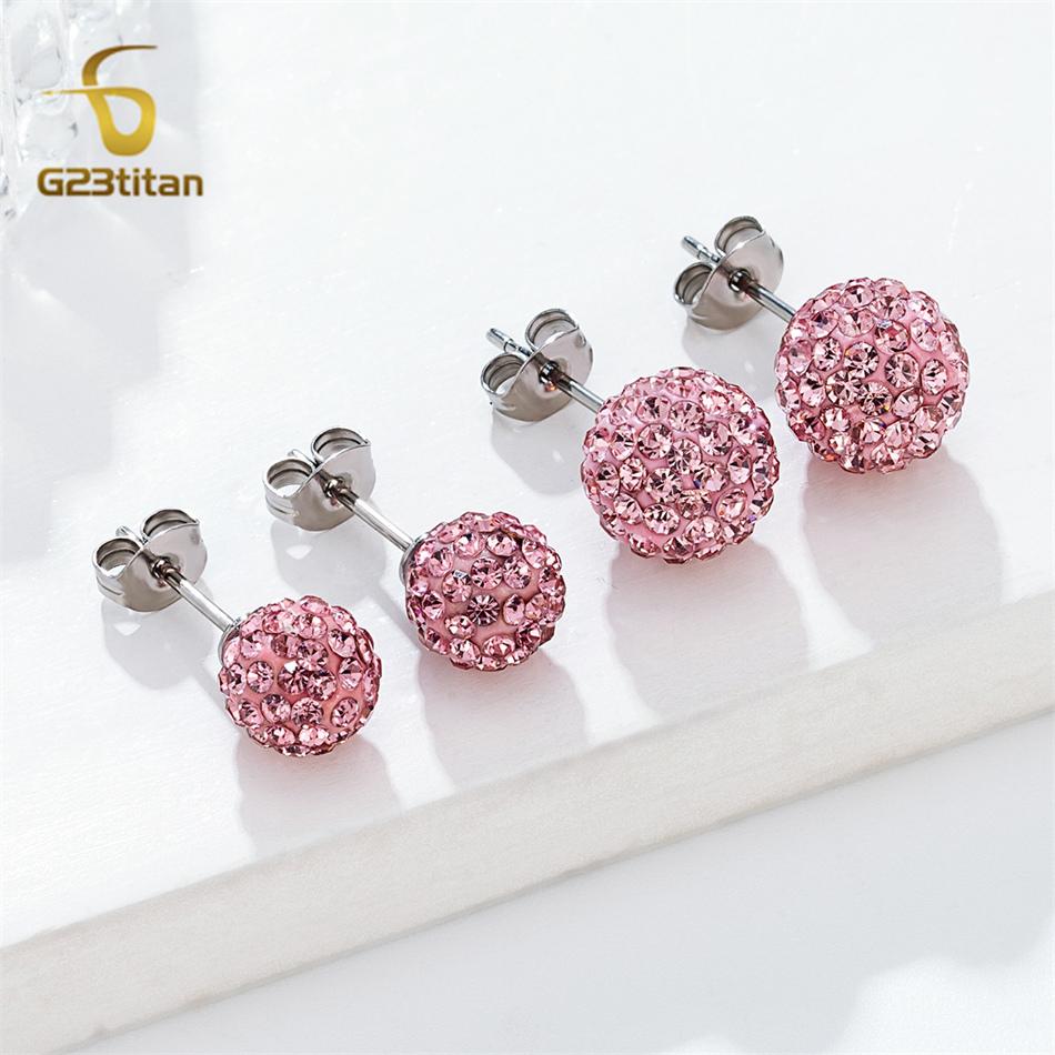 Colors Crystal Bead Polymer Clay Earrings G23 Titanium Ear Stud Micro Pave Rhinestone Disco Ball Hypoallergenic Piercing Zircon