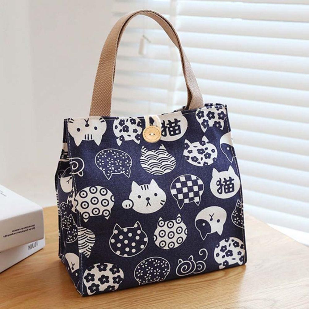 Aesthetic Printed Cat Lunch Bag Large Capacity Canvas Food Container Canvas Bags Travel Picnic Lunch Bags