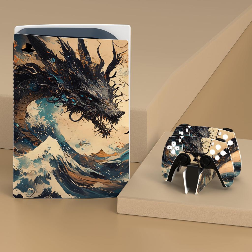 PlayVital Tempest Dragon vinyl stickers for the PS5 console (disc version), PS5 controller, headset, remote, and charging station.