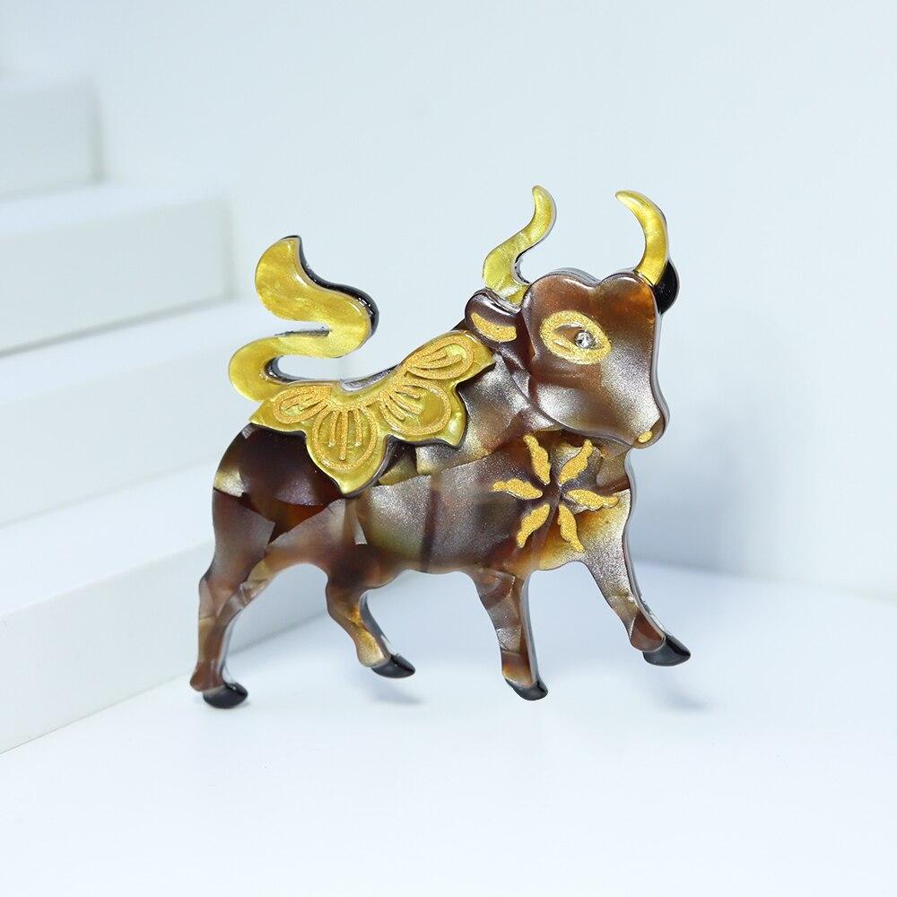 Blucome Handmade Arcylic Flower Cattle Brooches Women Bull Ox Animal New Year Party Brooch Pins Gifts Wholesale