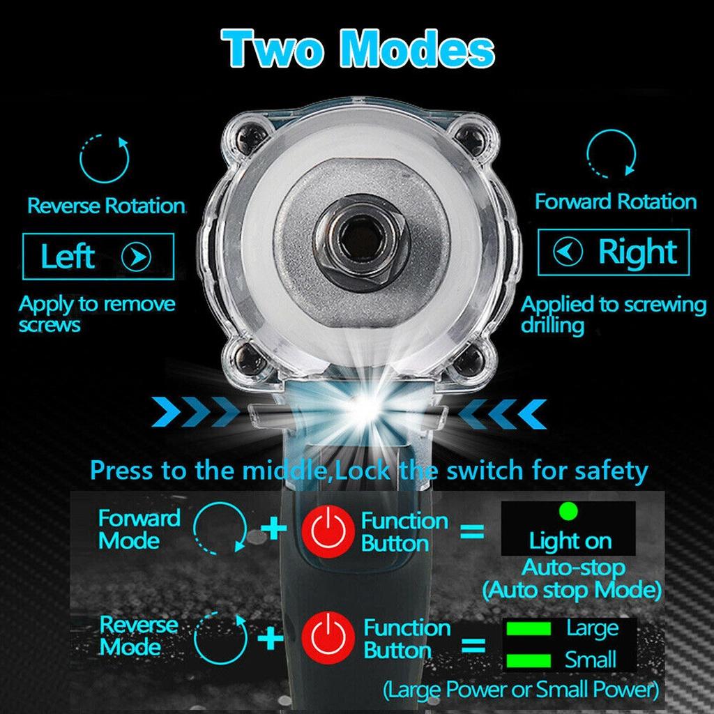 21V 520Nm Torque Rechargeable Cordless Brushless Electric Impact Wrench with 2 Battery Power Tools 1/2" Electric Wrench