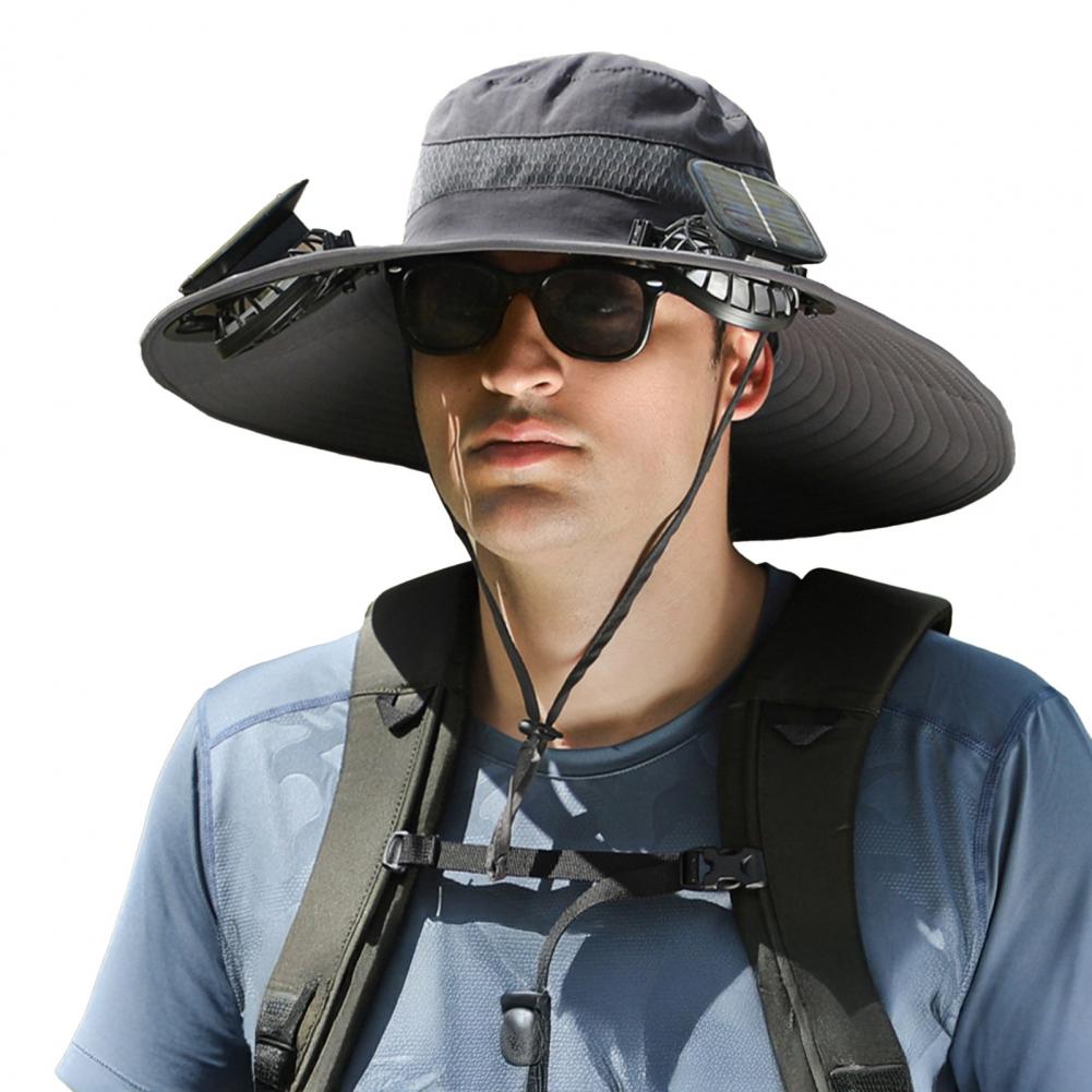 Solar Powered Fan Hat Fisherman Hat with Dual Brushless Solar Fans Forehead Neck UPF50 Anti-UV Wide Brim Hiking Fishing Hat серый