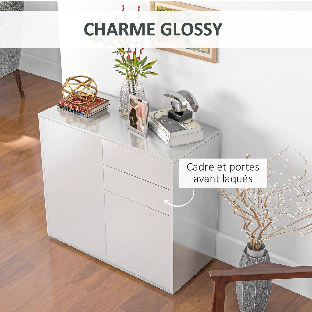 Commode Buffet Storage Cabinet 2 Drawers 2 Doors With Shelf 79 X 36 X 74 Cm Glossy White