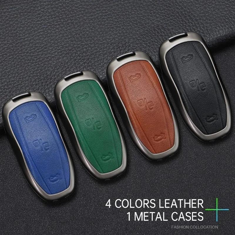 Zinc Alloy+ Leather Car Smart Key Cover Case Shell Fob For Tesla Model 3 Model Y X S Key Shell Bag Holder Protector Accessorie