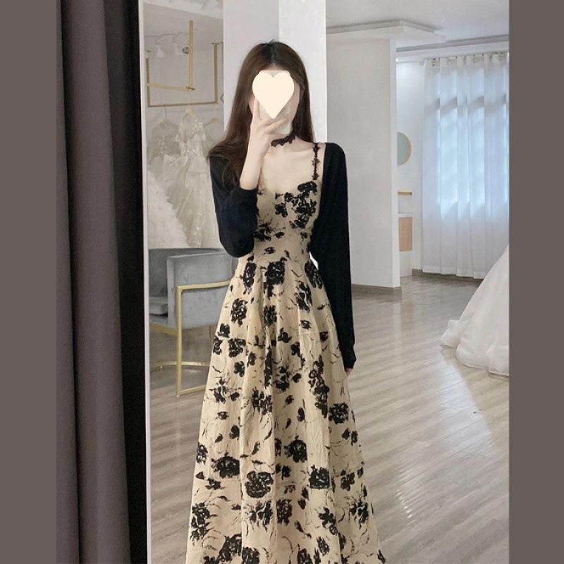 Sommer neues französisches Retro-Blumen-Latzkleid Hepburn-Stil schickes Strickjacke langes Kleid zweiteiliges Set
