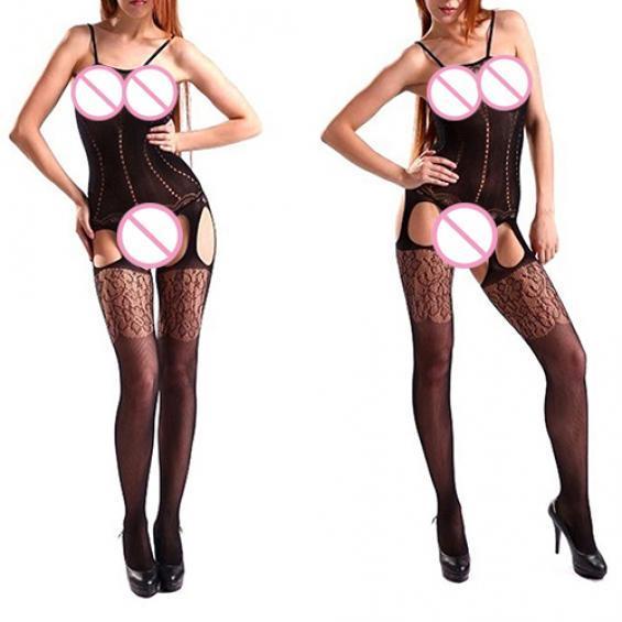 Dámská punčocha s rozkrokem s krajkou, černý sexy overal s květinami